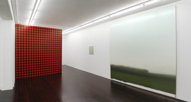 Andrew Barber at Hopkinson Cundy. The large painting on the left is Stiff Blanket (butch)2010, oil on linen, 2850 x 2850 mm, and on the right is Bookend, 2010, oil on linen, 2850 x 2850 mm. The small work is Study (Detroit). Photo by Alex North.