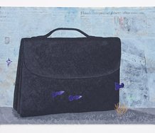 Nick Austin, Aquarium (with briefcase), 2011, acrylic on newspaer, glass, metal fittings, 575 x 785 mm.