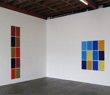 Winston Roeth's Auckland Totem, 2010, tempera on ten slate panels, 2020 x  2310 mm on the left. On the right is Gold In Blue, 2009, tempera on twelve slates, 1524 x 1524 mm