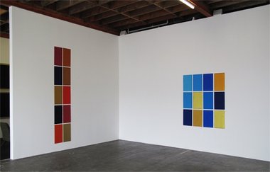Winston Roeth's Auckland Totem, 2010, tempera on ten slate panels, 2020 x  2310 mm on the left. On the right is Gold In Blue, 2009, tempera on twelve slates, 1524 x 1524 mm
