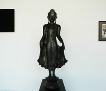 Left to right at Jensen: Gunter Umberg, Untitled, 2010, pigment, dammar on panel; Burmese standing Buddha on Lotus base, lost wax bronze cast c.1880; Chikanobu, Portrait of Court Lady, 19th century Japanese woodblock