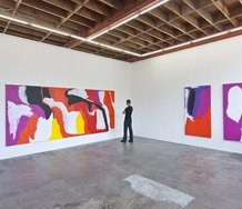 Installation of Sally Gabori works in the Tim Melville Gallery. On the left, Dibirdibi Country, 2010, and the right, both smaller works, My Country, 2009.