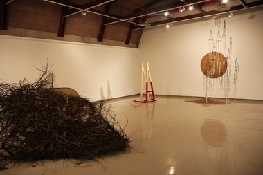 The installation of Heavy Pattern showing works (l-r) by Thomas Reveley, Philip Aitken, Marela Glavas, and Ana Iti.