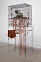 Julia Morison, Some Thing For Example, metal cage & stand, melted shopping bags, glass & rubber, 1420 x 620 x 370 mm. Photo by Jennfer French