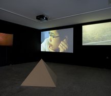 Tahi Moore, I Guess You'd Call It a Video Composition with Pyramid and Beats, installed at Te Tuhi