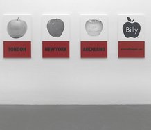 Billy Apple®, A History of the Brand, 2005/2009, UV impregnated ink print on canvas, text, acrylic on canvas, 987 x 609 mm