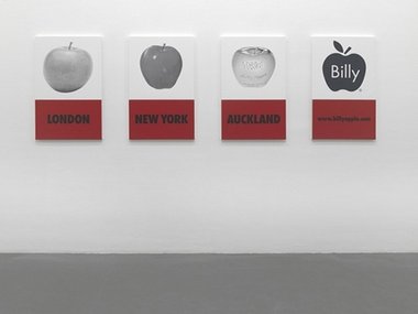 Billy Apple®, A History of the Brand, 2005/2009, UV impregnated ink print on canvas, text, acrylic on canvas, 987 x 609 mm