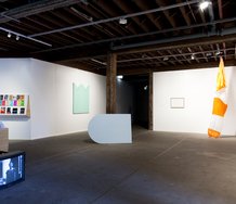 Nothing Like Performance, installation view, Artspace. Photo: silversalt photography. Lauren Brincat, Goodmorning Goodnight, Yiorgos Zafiriou, detail of Arch and Triptych, Will French, WOW (Wild Oscar Wild), Lauren Brincat, No Windsock: 3 foot opening