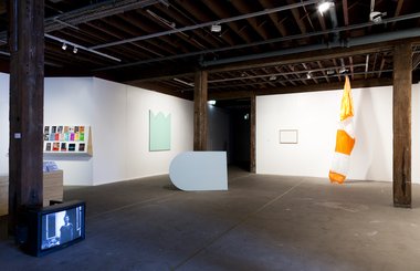 Nothing Like Performance, installation view, Artspace. Photo: silversalt photography. Lauren Brincat, Goodmorning Goodnight, Yiorgos Zafiriou, detail of Arch and Triptych, Will French, WOW (Wild Oscar Wild), Lauren Brincat, No Windsock: 3 foot opening