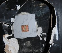 Ben Clement, Babes and Flowers (detail), lighter stickers, tiles, expanding foam