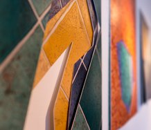 Charlotte Watson, vinyl works, from left to right are Adagio, Pizza, Iriza, Shell and Cottage.