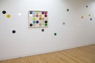 Christoph Dahlhausen, New ways to colour the wall, 2012,60 metal discs (diam.12 cm), car paint, spray paint, aluminium, stainless steel, wooden boxes. Size variable. Image: Jennifer French.