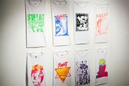  Sam Ovens, Clockwise from top left: Green Hell, Self-Induced Bondage, The Weight, Action Man, Slimy Member, Protein Princess, The Devil’s Work, Saddle Up, all acrylic silkscreen print on cotton tshirt, 2012. Photo: Emily Hlavac Green