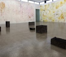 On the floor, Maria Taniguchi, Muses, cement, black oxide, hessian,2012. On the walls, Adam Avikainen works. Right: Traansnikko, 2012, turmeric, ginger, oil of oregano, water on 3M paper. Left, Drift Gene, beets, ginger, oil of oregano, water on 3M paper.