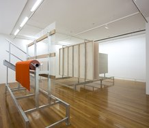 Derrick Cherrie: Constituent Parts #4 (Orange Runner) on the left. Constituent Parts #1 (untitled) on the right.