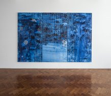 John Reynolds, Kepler's Dream, 2012, silver marker pen, acrylic and rainwater on three canvas panels. 2440 x 3600 mm