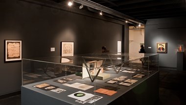 Duchamp works in Peripheral Relations at the Adam. Side view of vitrine. Photo: Robert Cross