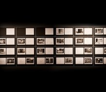 Installation view of Martha Rosler's The Bowery in Two Inadequate Descriptive Systems (1974-75) at the Adam Art Gallery. Series of 45 gelatin silver prints of text and images on 24 backing boards, each backing board 300 × 600 mm. Photo: Robert Cross. 