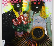 Judy Darragh, Sissy Squat, 2012, PVC banner, acrylic, ink and paint, linen tape, glass spheres, assorted aerosol paint.  1.5 x 2.4 m. Courtesy of the artist and Two Rooms, Auckland   Photo by Sam Hartnett