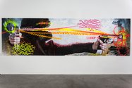 Judy Darragh, False Grip, 2012, PVC banner, acrylic, ink and paint, linen tape, glass spheres, assorted aerosol paint  4.5 x 1.3 m. Courtesy of the artist and Two Rooms, Auckland. Photo: Sam Hartnett