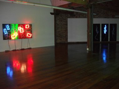 Peter Roche's Cinema at Saatchi & Saatchi. On left, Trickle. On right, Shiver. Photo: the artist.