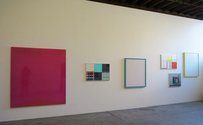 Three works on the left: Leigh Martin, Untitled #2, 2011, resin on canvas, 1840 x 1675 mm; Imi Knoebel, Lllila, 2013, hand coloured acrylic on paper; Tomislav Nikoic, 1, 2011-2012, acrylic, marble dust and 23 CT redleaf on canvas and wood. 