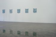 Trenton Garratt: Cast your line into the water, 2013, water installation, 25 x 2440 x 8560 mm; Flowing water journals, 2013, oil on silk, each 550 x 450 mm