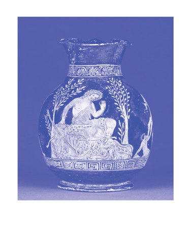 Cover image of Hermes' Lack of Words: attributed to near the Black Fury Group, painter (Greek [Apulian], activie early 300s B.C.). Wine Jug with Arkas and His Mother, Kallisto, and the God Hermes. Terracotta Object. The J. Paul Getty Museum, Villa Coll.