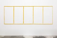 Paul Lee, Negative (screen, yellow), 2913, towels, hoops, stainless steel, thread, pigment based ink, 1270 x 3467 mm