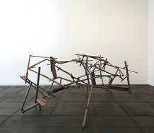 Installation view of John Panting: Spatial Constructions at the Adam Art Gallery, showing 6.08 (Untitled VIII, 1973–74, steel, 244 x 366 x 244cm. Collection of Museum of New Zealand Te Papa Tongarewa, 1977-0006-1. Photo: Shaun Waugh.