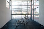 Installation view of John Panting: Spatial Constructions at the Adam Art Gallery, showing 5.12 (Untitled V), 1972–73, steel, 183 x 305 x 152cm. Collection of Christchurch Art Gallery Te Puna o Waiwhetu. Photo: Shaun Waugh.