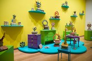 Tessa Laird, The Politics of Ecstasy, 2013 (installation detail). Hand-built ceramics, earthenware with ceramic paint, painted secondhand wooden furniture, custom-built shelves. Dimensions variable. Courtesy of Auckland Art Gallery Toi o Tāmaki
