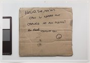 Judy Darragh, International Beggar 1, high resolution PVC print, 1500 x 2200 mm. Photo of cardboard sign for Judy Darragh by Sam Hartnett. Gallery documentation by Jennifer French
