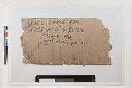 Judy Darragh, International Beggar 2, high resolution PVC print, 1500 x 2200 mm. Photo of cardboard sign for Judy Darragh by Sam Hartnett. Gallery documentation by Jennifer French