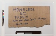 Judy Darragh, International Beggar 3, high resolution PVC print, 1500 x 2200 mm. Photo of cardboard sign for Judy Darragh by Sam Hartnett. Gallery documentation by Jennifer French