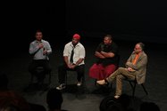 Poulima Salima, Matthew Faiumu Salapu aka Anonymouz and Matatumua Opeloge Ah Sam in conversation with James Pinker, co curator of Len Lye: Agiagiā. (left to right)