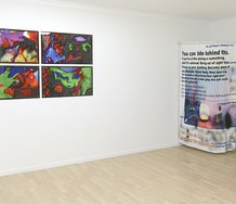 Soft Intensities: Installation view.  Jaako van Pallasvuo, "I Was the One Who Told Snoopy About That Mindfulness App", 2014.  Custom printed shower curtain. Yannick val Gesto, "Yu Yu Series", 2014.  Print on plexi, white coating; each 800 x 450 mm 