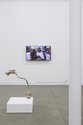 Stella Brennan, Plinth #3: Kauri Bottle, 2014, ceramic, wood, resin, metal foil; Yuk King Tan, The Scavenger, 2008, video, 14 min 50 sec; photo: Sam Hartnett