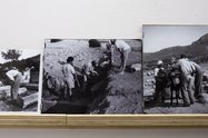 Vangel Vlahos, Foreign archaeologists from standing to bending position, 53 framed photographs on a shelf, detail. Photo: Sam Hartnett.