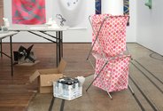 Dan Arps, on floor, Studio Units with Double Hamper, 2015, folding trestle tables with mixed media sculptures, dimensions variable