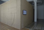 Installation of Steve Carr's Watermelon video at Michael Lett, with the scrim structure designed by Nat Cheshire and Cheshire Architects