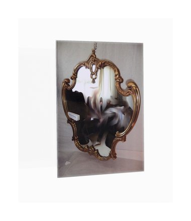 James Oram, used mirror for sale with ornate frame, 2015, detail, found image, custom display case. Photo: Justin Spiers