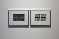 Andrew Beck, Hélio Oiticica, Metaesquema 1957 (Remake with Transparency), 2015, acrylic on silver gelatin print with transparency, two framed works, 490 x 390mm each. Photo: Shaun Waugh 