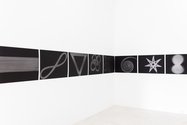 Phil Dadson, February Music, Feb 2015, 28 graphite drawings on black painted paper - as installed in Trish Clark Gallery