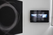 Phil Dadson, Compass of Frailty, 2014/15, single channel (3-in 1 screen), video /audio, 9 mins - as installed at Trish Clark Gallery. The drawing, Leap, is on the far left.