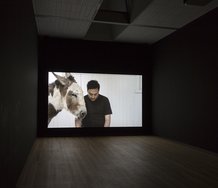 Installation at City Gallery of Shannon Te Ao's two shoots that stretch far out, 2013-14, HD video, cinematography by Iain Frengley.