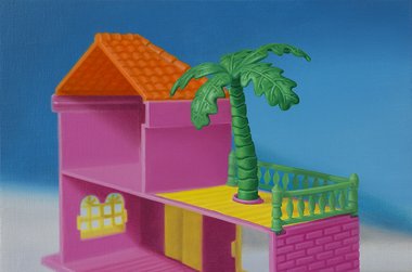 Emily Hartley-Skudder, Flamingo Pink Lodge with Feature Palm, 2015, oil on linen, 278 x 188 mm.