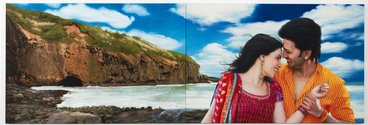 Bepen Bhana, Ko Deepika Raaua Ko Shahrukh, Maukaatia, Muriwai / Deepika Aur Shahrukh Maori Khari, Muriwai Par, 2016, oil on canvas, split canvas diptych, 1200 x 3600 mm. Photo: Sam Hartnett