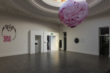 Alter: Between Human and Non-Human, as installed at Gus Fisher. l-r: Nina Sellars, Scan, 2012; Agatha Haines, Drones with Desires, 2015; Stelarc, Prosthetic Head, 2002. Photo: Sam Hartnett.