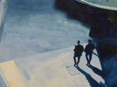Matthew Carter, Two Figures under Awning, Fort St, oil on board, 300 x 400 mm.